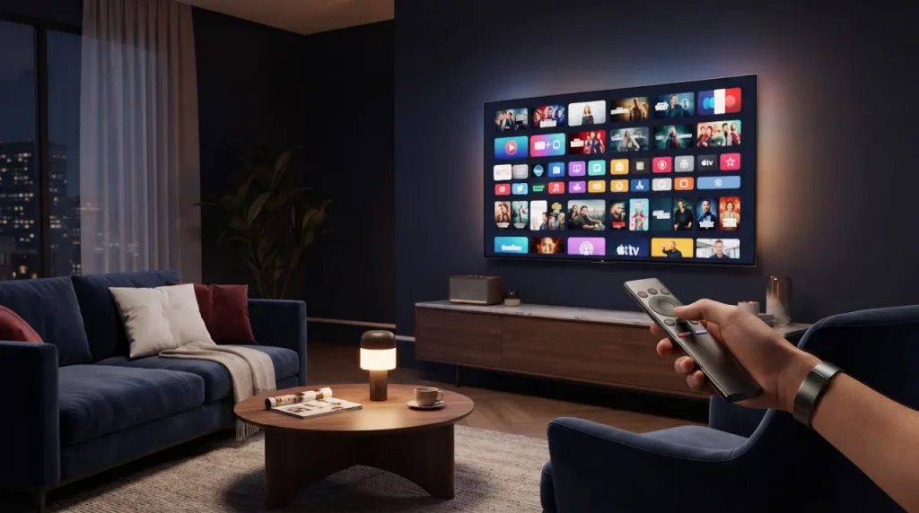 IPTV Smarters Pro affiché sur une Smart TV dans un salon moderne